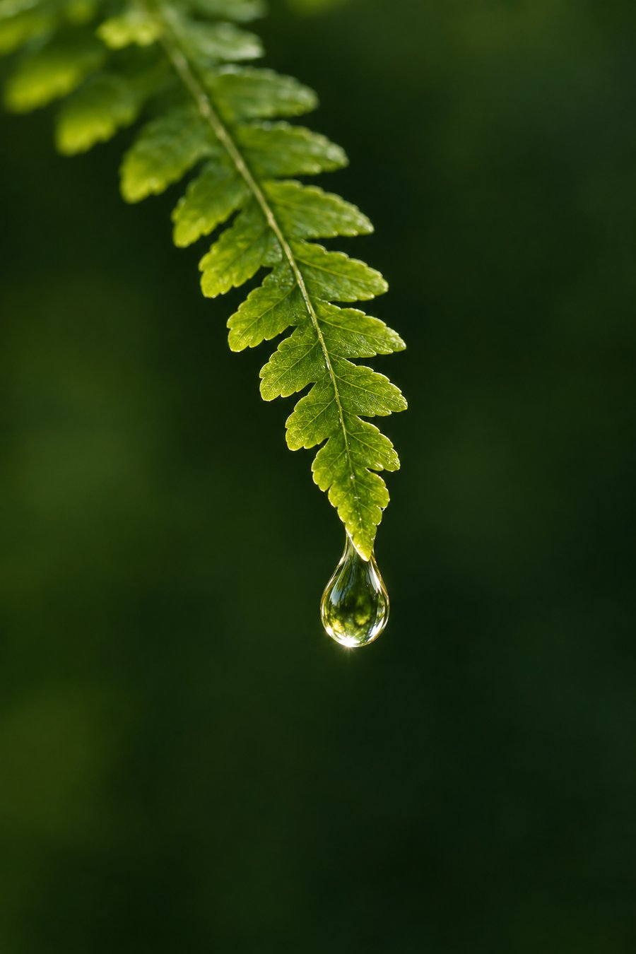 Sunlit fern leaflets glowing up close