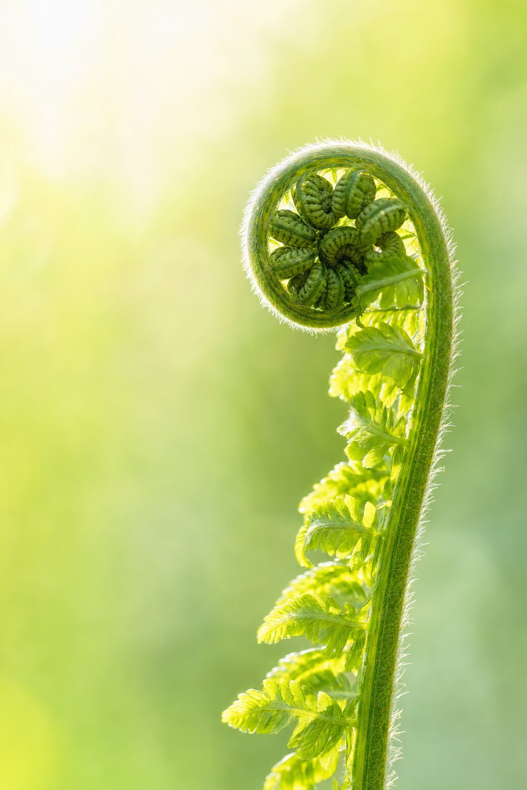 A fern fiddlehead unfurling in soft morning light